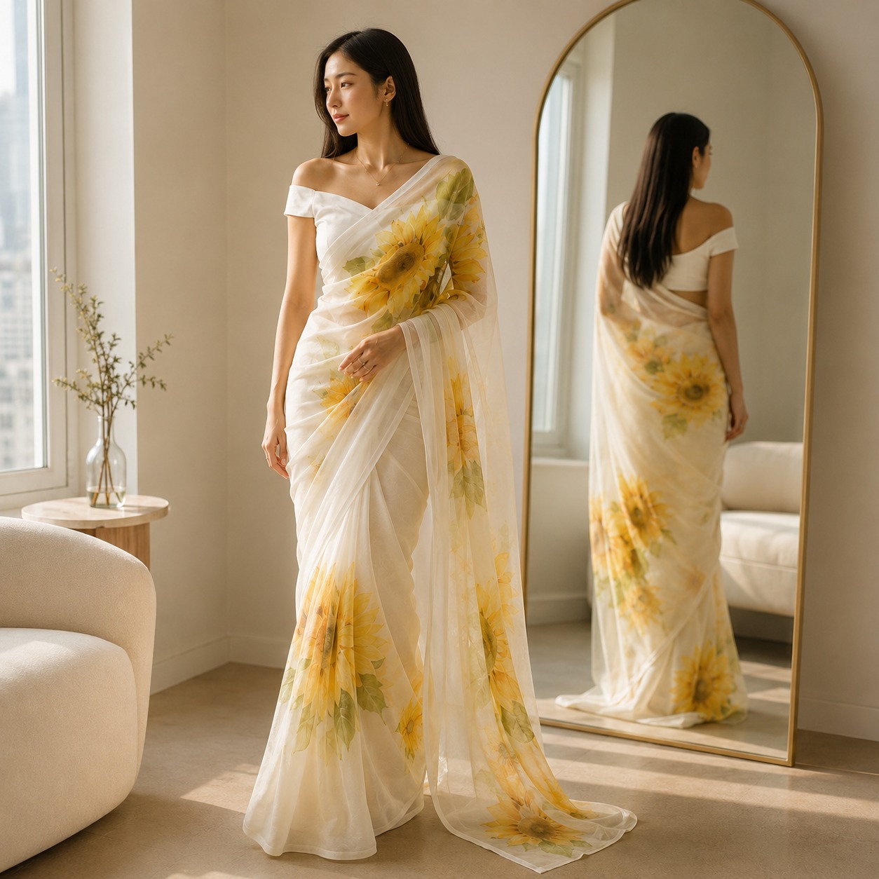 Peach Floral Chiffon Saree