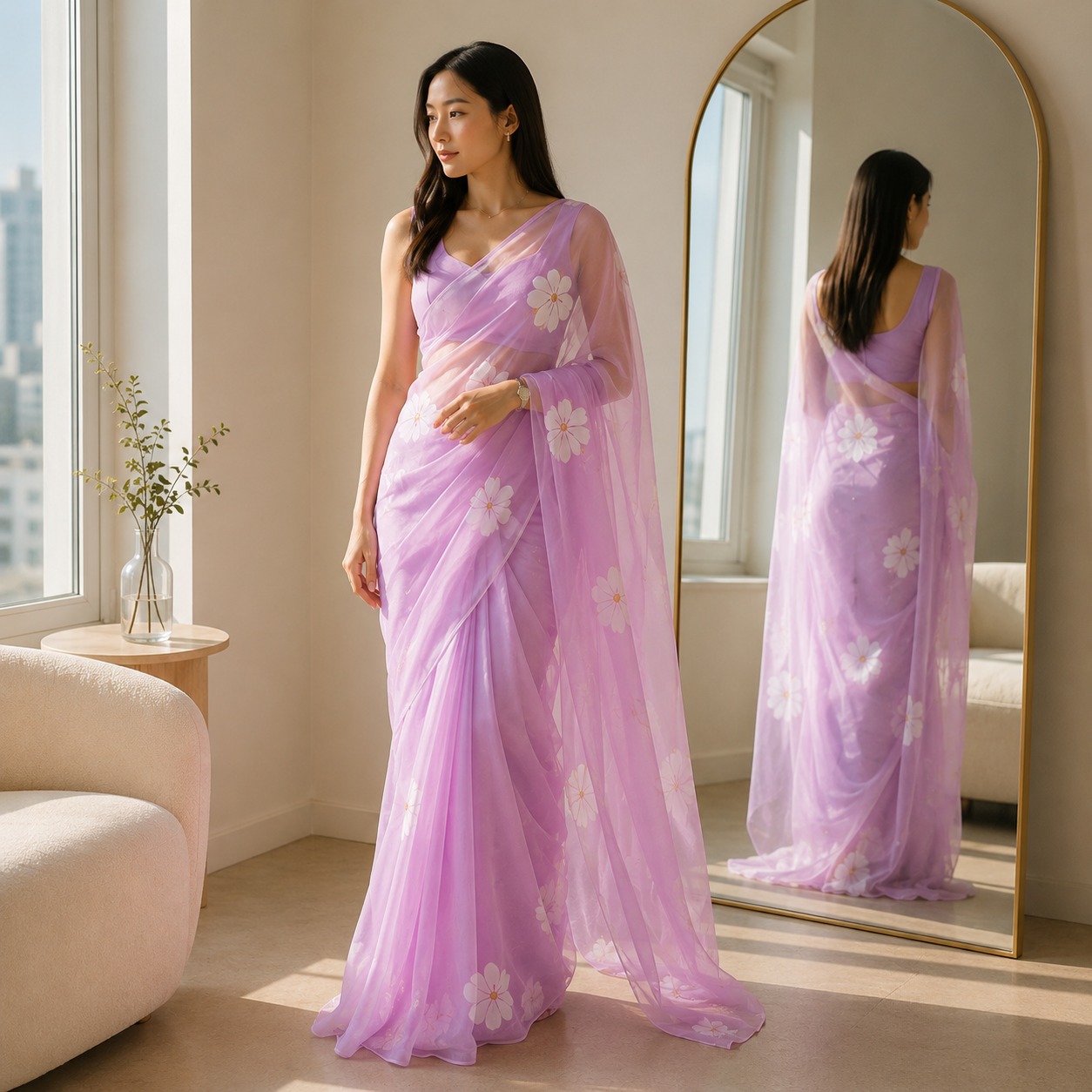 Lavender Floral Chiffon Saree