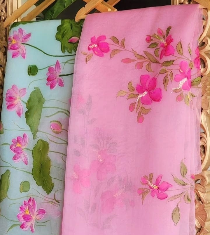 Aqua Lotus & Pink Floral Organza Saree